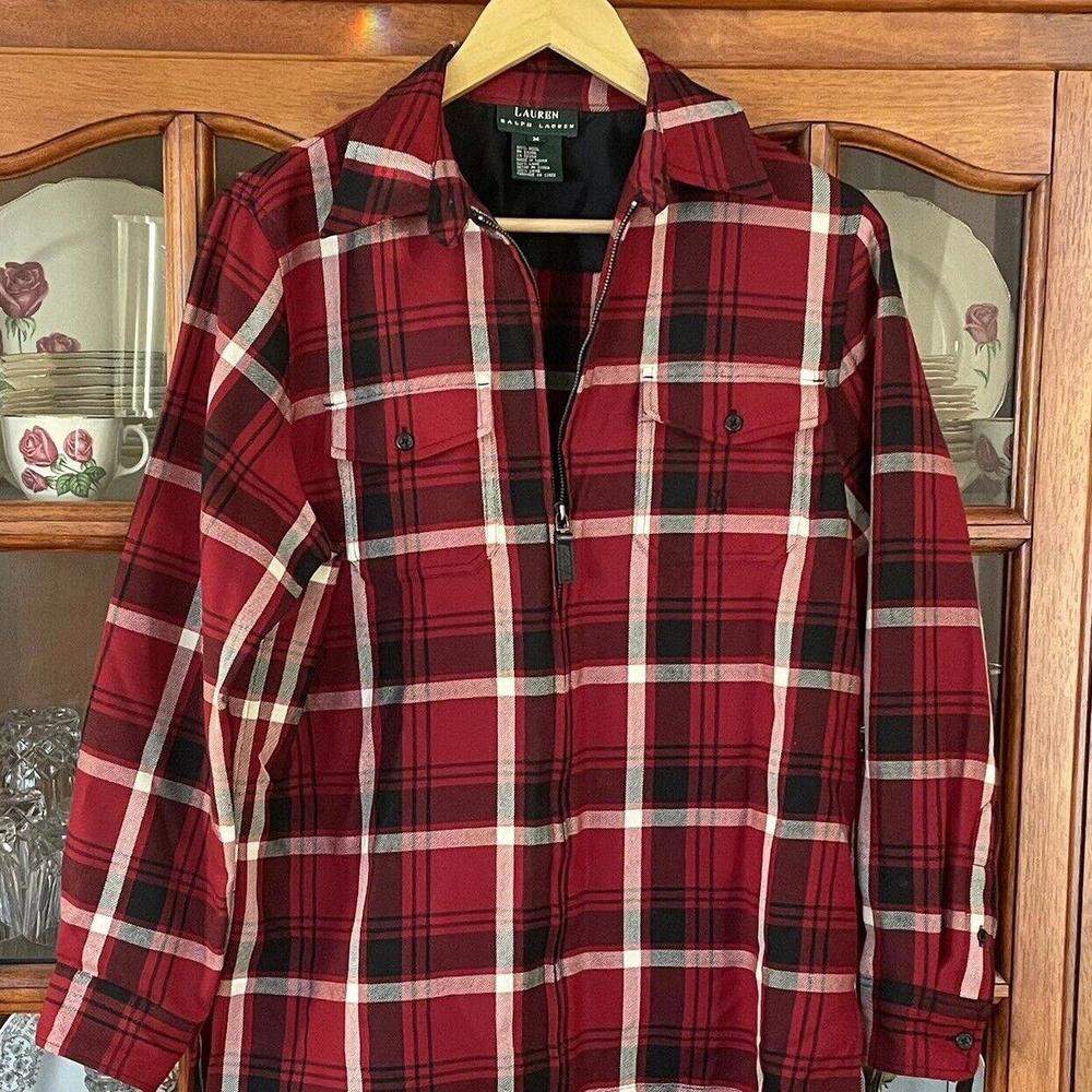 Ralph Lauren Top Womens Med Red, Black, White Plaid Wool Zip Up Shirt​